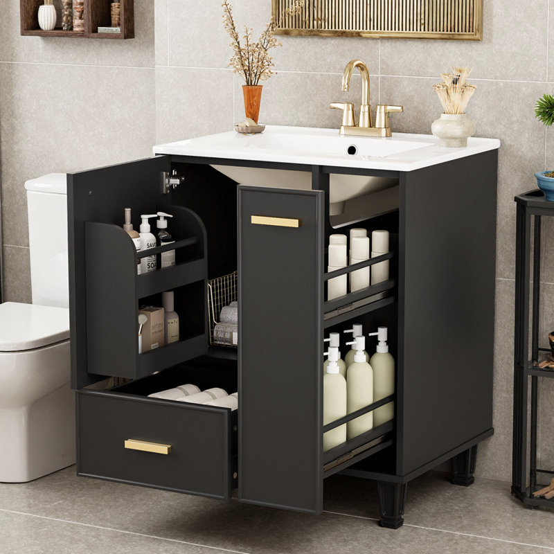 Meuble-lavabo moderne 24 po avec lavabo en céramique, armoire de rangement noire et tiroirs à fermeture en douceur, Noir