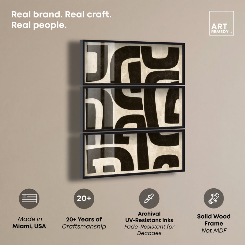 «Obsidian Curves Shadowbox Print Modern Office» par Art Remedy, ensemble de 3, Cadre noir