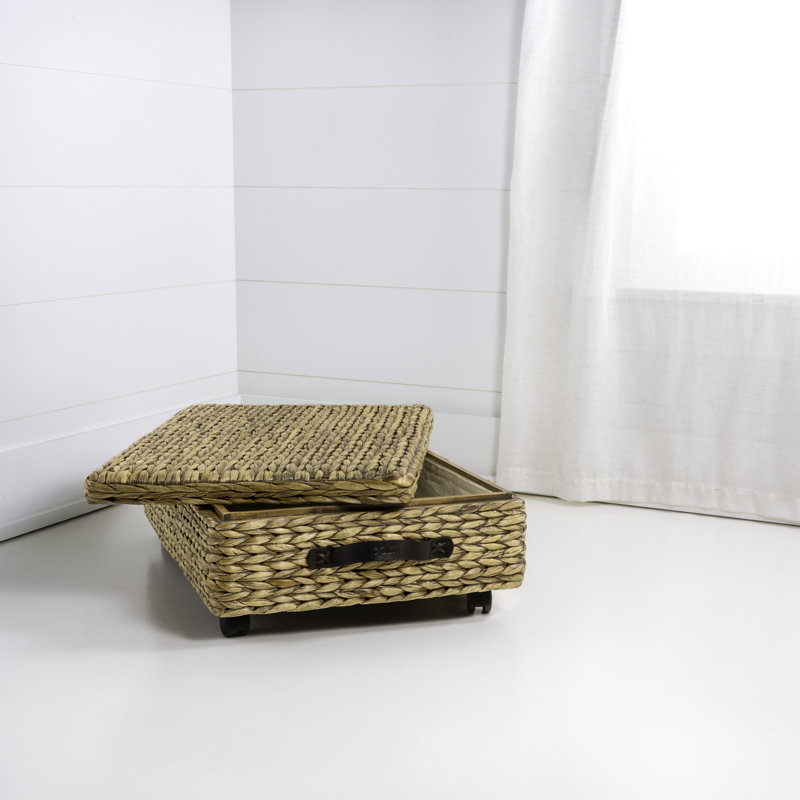 Chett 26.38" Minimalist Hand-Woven Hyacinth/Wood Underbed Storage Bin with Wheels and Handles, Natural