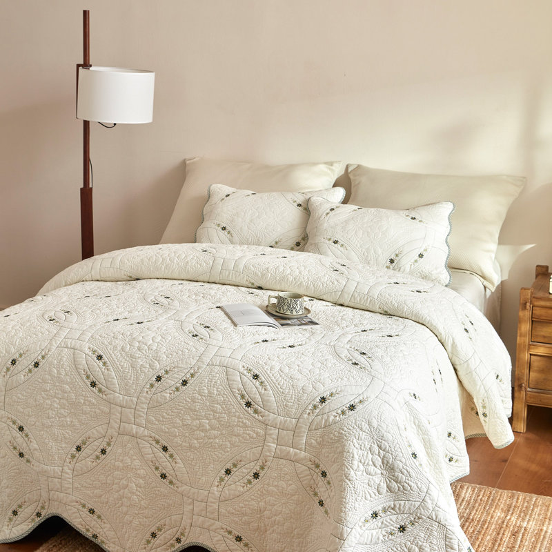 Ensemble de couvre-lit 3 pièces, Queen Quilt + 2 Shams, Ivoire vert floral