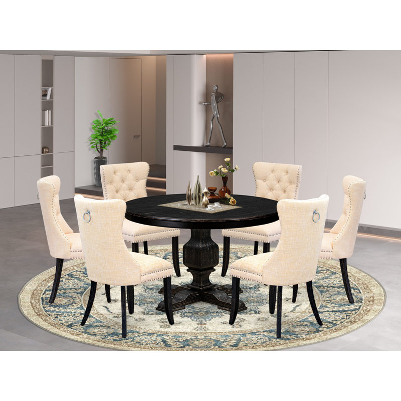 L'ensemble de table de salle à manger 7 pièces contient une table en bois et 6 chaises de cuisine en polyester beige clair avec dossier capitonné - Noir sablé