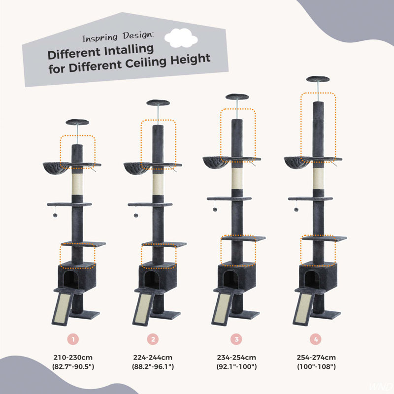 Dark Gray Adjustable Height 5-Tier Cat Tree Tower with Sisal Scratching Post