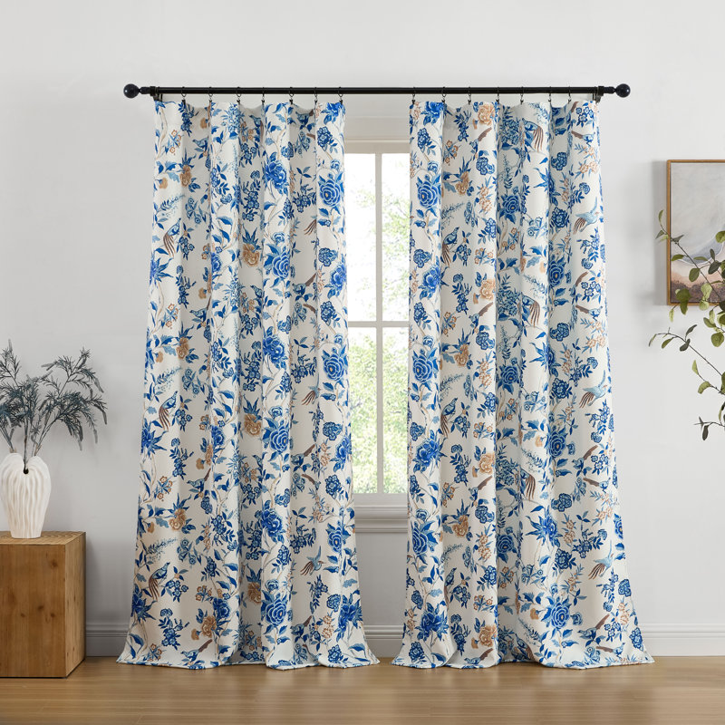 Scarlet Floral & Birds Patterned Window Back Tab Rod Pocket Curtains Bedroom - Light Blocking Darkening Window Panels, Set of 2