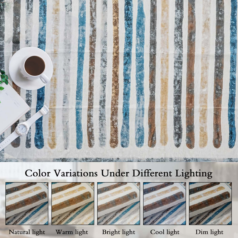 Non-Slip Machine Washable Colorful Modern Striped Area Rug in Blue/Brown/Yellow/Cream for Living Room, Bedroom, Hallway Runner Indoor Rugs
