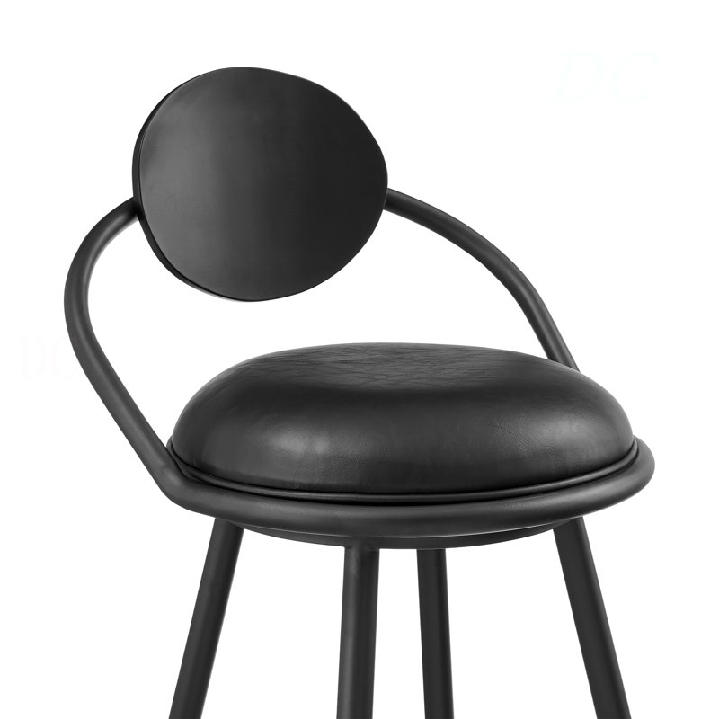 Tabouret de bar pivotant 30 po Carnation en fer noir avec similicuir noir rétro et dossier en bois noir, Noir
