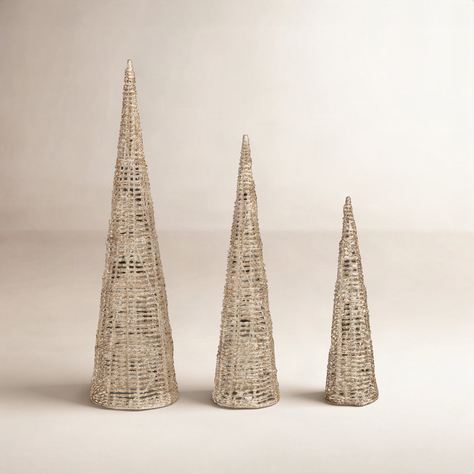 3-Piece Lighted Champagne Gold Cone Tree Set