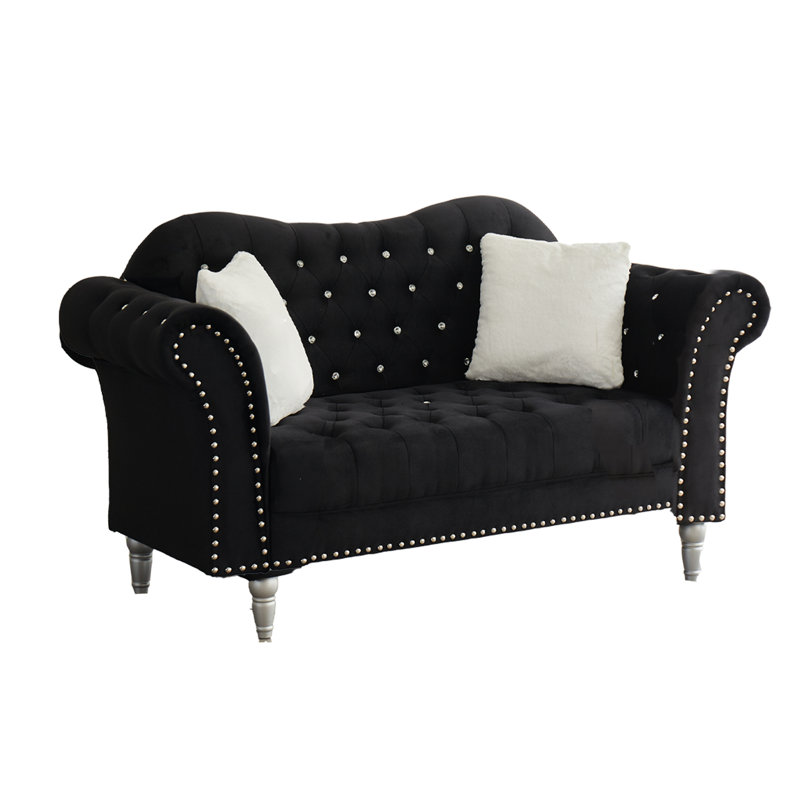 Causeuse rembourrée en velours 65 po 65 po - Canapé 2 places compact avec 2 coussins gratuits, Black