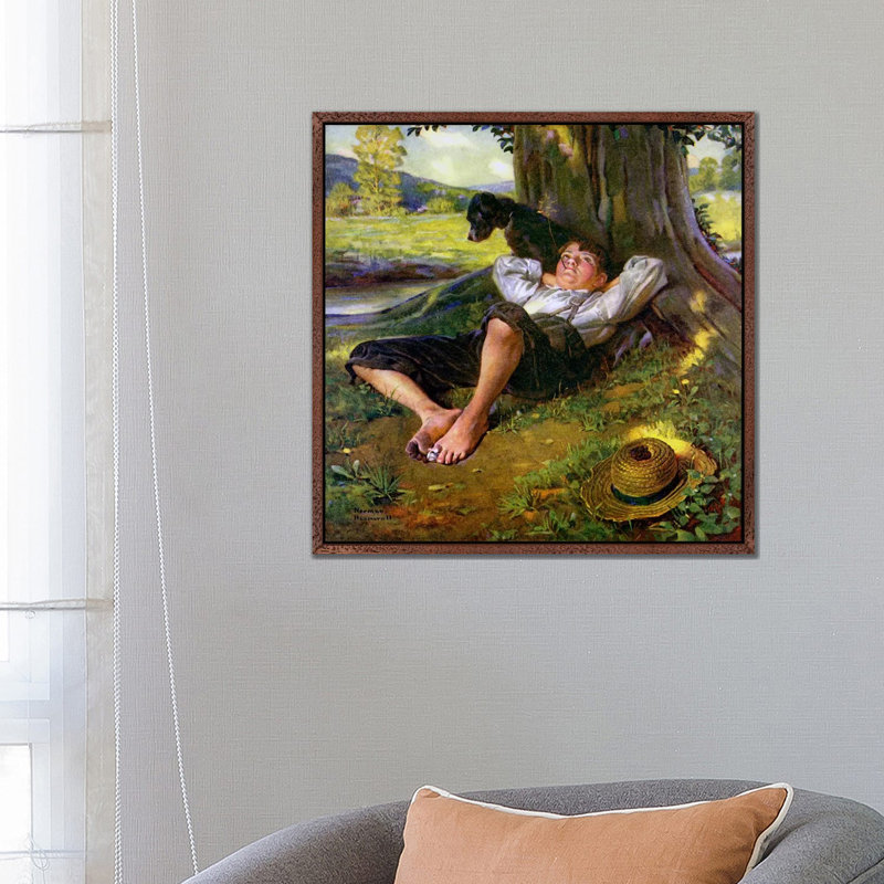 Barefoot Boy Daydreaming by Norman Rockwell - 1 Piece Wall Art on Canvas, 66.04 cm H x 66.04 cm W, Brown Framed Canvas