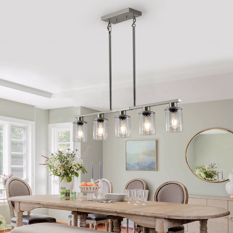Lustre - configuration 5 lumières - Luminaire suspendu pour îlot de cuisine contemporain avec abat-jour en verre transparent