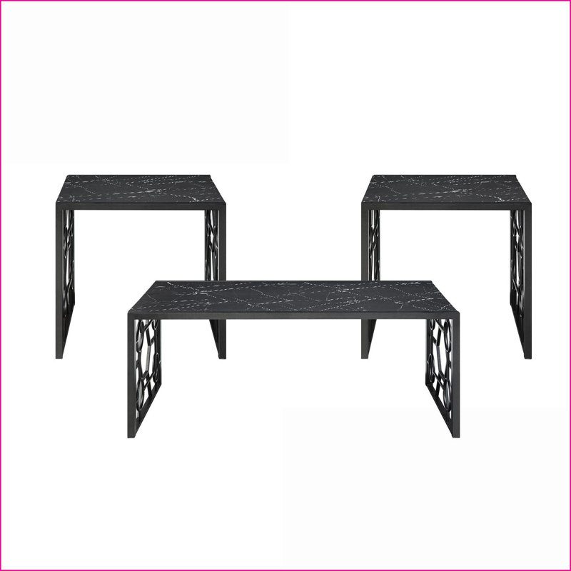 Ensemble de tables basses modernes 3 pièces pour le salon: plateau en verre trempé à imprimé marbre facile à nettoyer et amp; Base robuste en métal noir