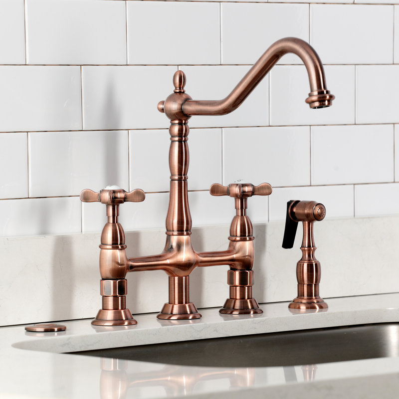 Kingston Brass Bel-Air Two-Handle 4-Hole Deck Mount Bridge Kitchen Faucet with Brass Side Sprayer, Cross, Antique Copper