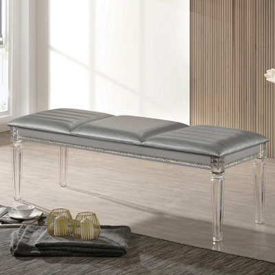 1Pc Bench Only Contemporary Solid Wood Acrylic Legs Crystal And Mirror Accent