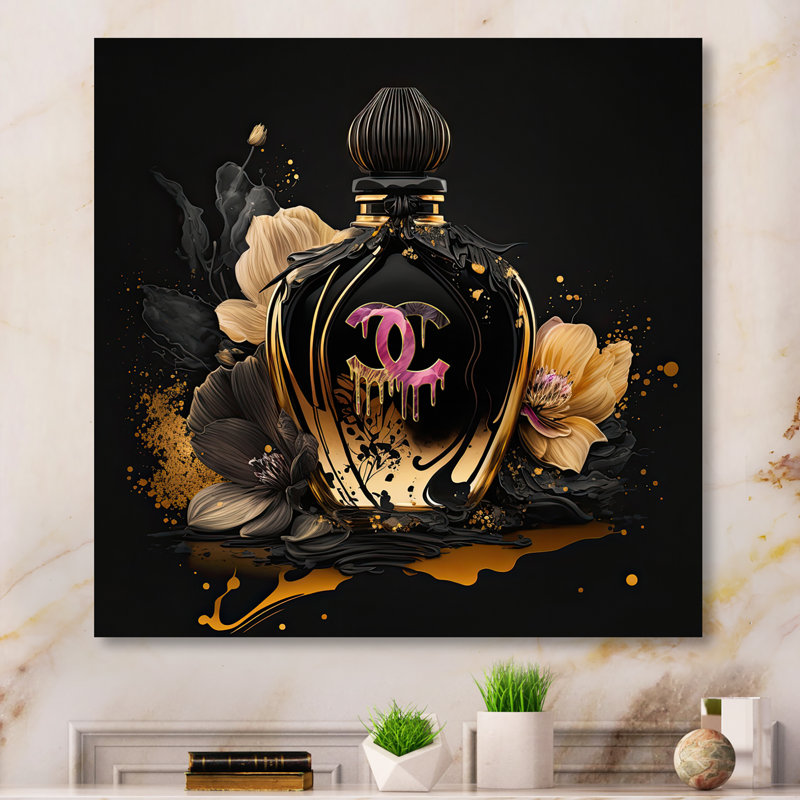 «Chic Black and Gold Perfume Bottle II», art sur toile tendance, H 36 po x l 36 po x P 1,5 po, Toile tendue