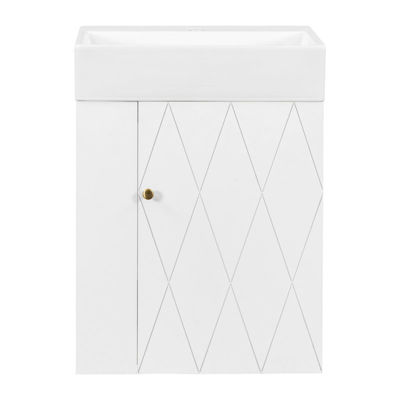 Meuble-lavabo de 20 po avec lavabo en céramique, porte à motif de losanges, poignées dorées et tablettes de rangement latérales - petit cabinet moderne avec barre à serviettes, fabrication en panneau de fibres à densité moyenne, assemblage requis