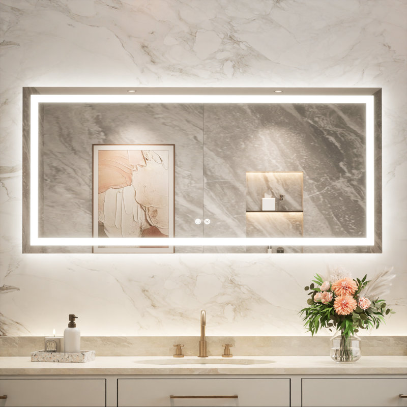 Miroir de meuble-lavabo à fixation murale avant et rétro-éclairé Cardier avec réglage en 3 couleurs, incassable, verre trempé