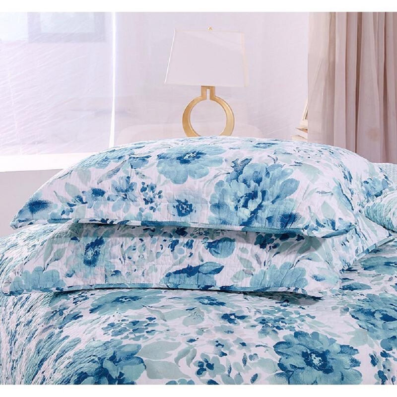 Ensemble de courtepointe réversible en coton certifié hypoallergénique bleu / blanc 3 pièces
