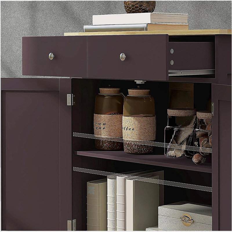 Buffet avec comptoir en bois massif HOMcom, armoire de rangement de cuisine moderne, armoire à café avec 2 tiroirs, portes et tablette réglable, café
