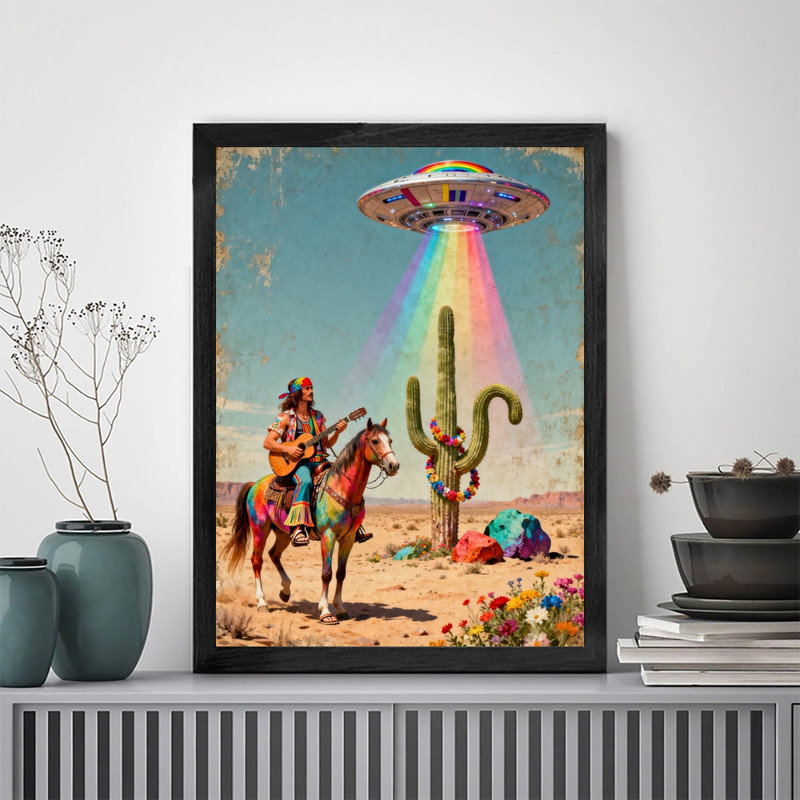 Art mural noir avec encadrement noir, UFO Cowboy, H 37 po x l 25 po