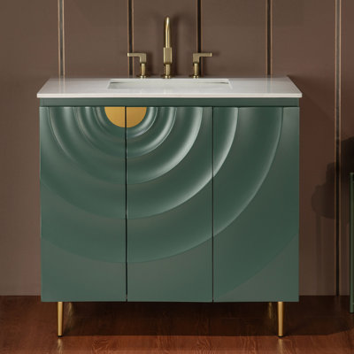 Eden 36"X22" Bathroom Vanity with Single Ceramic Undermount Sink, White Engineered Stone Vanity Top– 3D Wave Pattern Doors, Sleek Thin-Leg Frame, Space-Saving for Modern Living