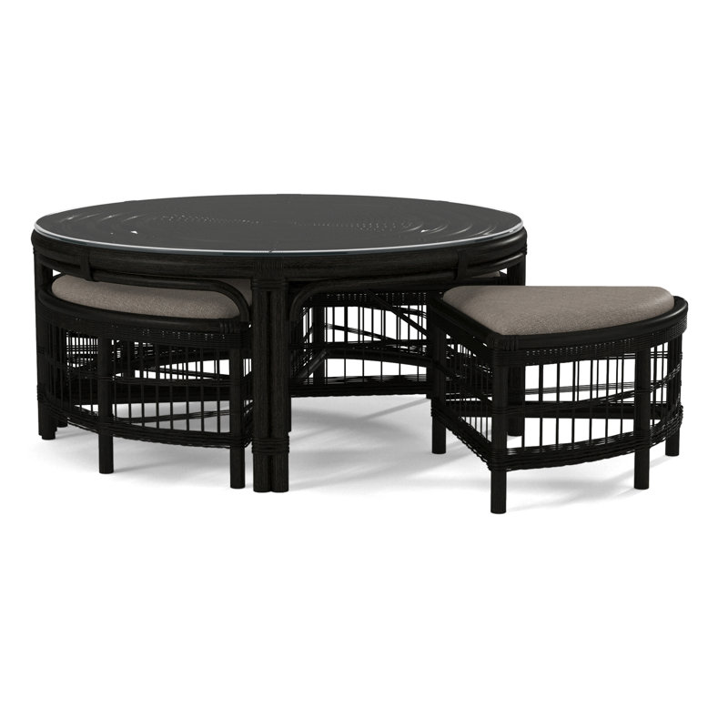Raffles Rattan Cocktail Table with Benches, Antique Black, Stone Crypton Performance; 0884-83