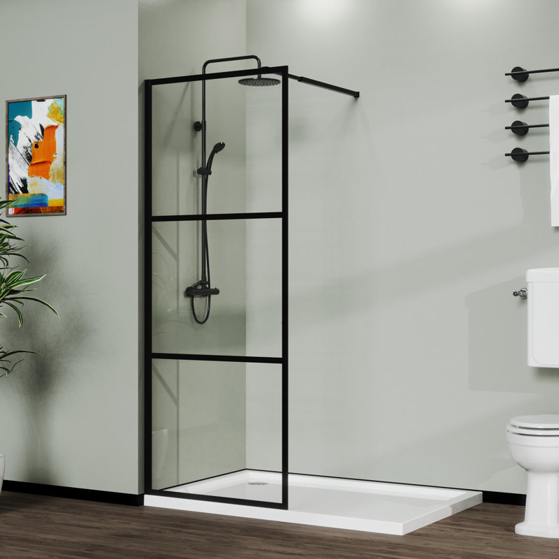 34" Black Shower Screen Door For - Thick Tempered Glass Adjustable Support To Wall Installation Clear All Hardwares Included Simple Assembly