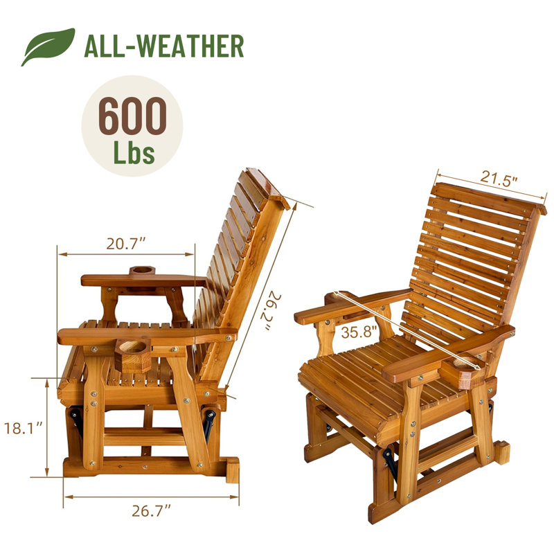 Brown Solid Fir Wood Outdoor Glider for 1-Person with Cupholders