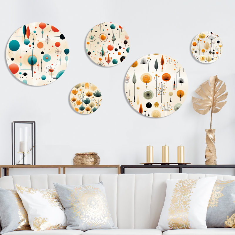 Atomic Age Coral and Blue Geometric Metal Wall Art Set