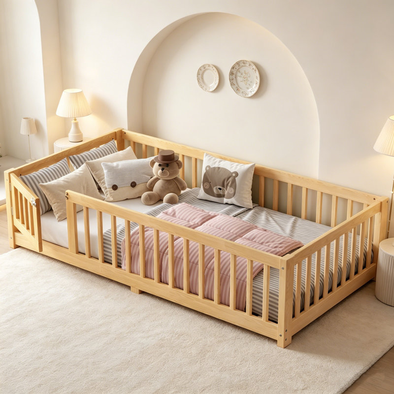 Floor Bed, Wooden Toddler Bed Frame With Safety Guardrails, Door And Slat Support, Low Profile Kids Floor Bed For Boys Girls, No Box Spring Needed(Natural/Grey/White)