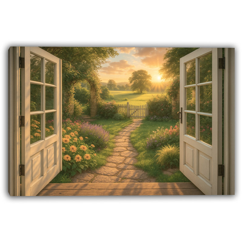Sunrise Garden Gate - Paysage de campagne à travers une porte ouverte, H 30 po x l 40 po