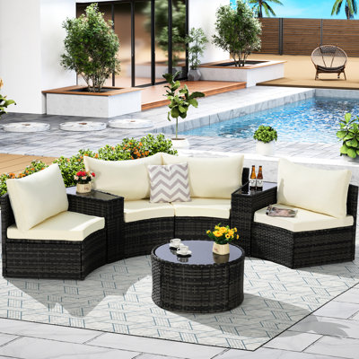Mobilier de patio extérieur demi-lune 7 - Coussins amovibles en chlore et sel avec table ronde respirante