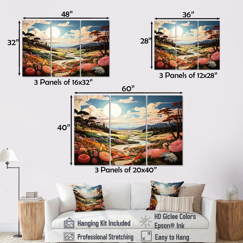 Cubic River Horizon Landscape - Ensemble de décoration murale forêt et rivière, H 28 po x l 36 po x P 1 po, Toile tendue