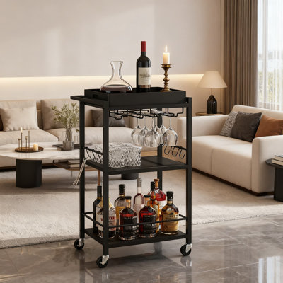 Bar Cart With Removable Tray, 3-Tier Rolling Kitchen Serving Cart With Wine Rack, Glass Holder, 360° Locking Casters For Living Room, Kitchen, Office by Ebern Designs