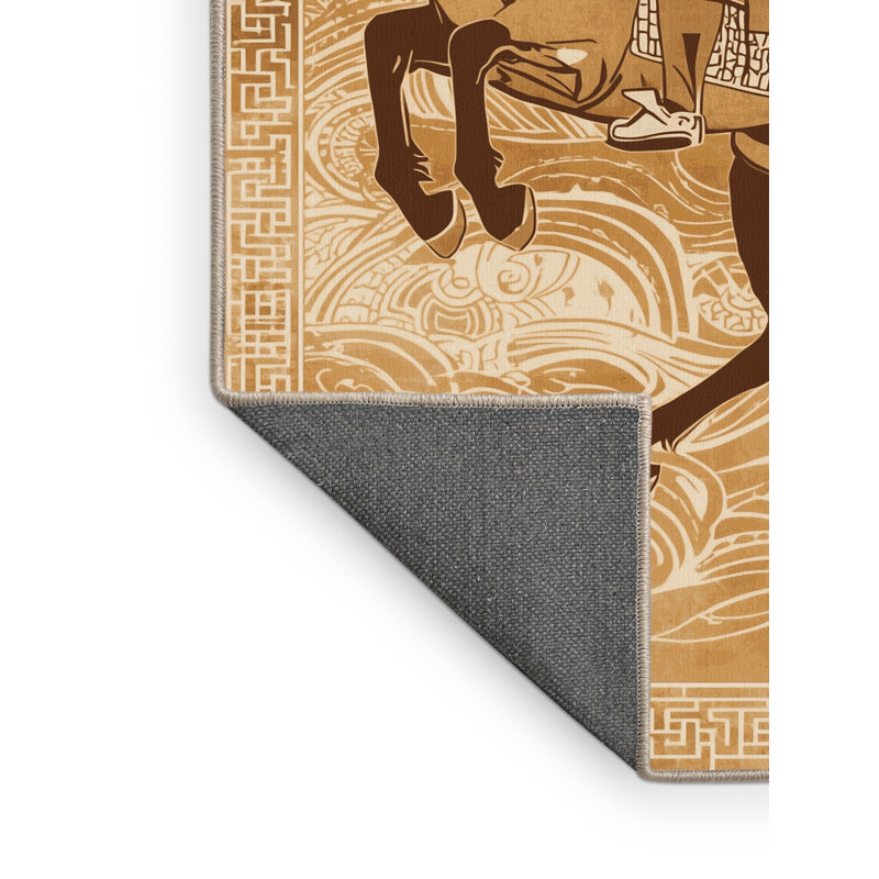 Soft Plush Duren Mongol Horse Archer Classic Oriental Area Rug in Brown – Beige Binding, 5x8