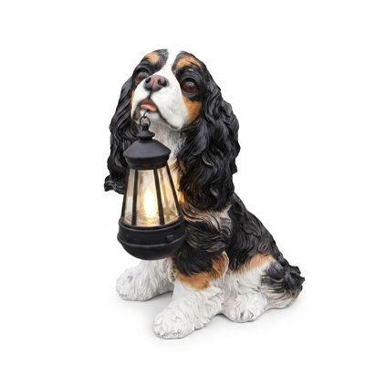 13" Hand-Painted Brown and White King Charles Spaniel Resin Garden Statue with Solar Light and Double-Sided Welcome Sign