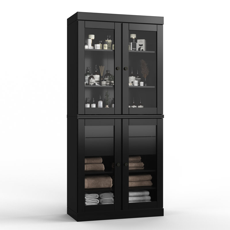 32" W x 71.5" H 100% Solid Wood Freestanding Bathroom Storage Cabinet with Clear Glass Doors, 2 Drawers & Adjustable Shelves – Modern Bathroom Organizer