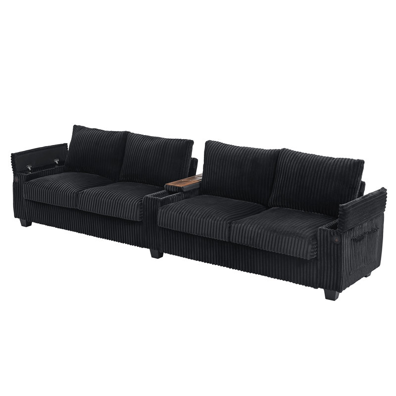 133" Corduroy Sofa Couch,Oversized Modern Comfy Sofa with USB Charge Port and Storage Arms, Black