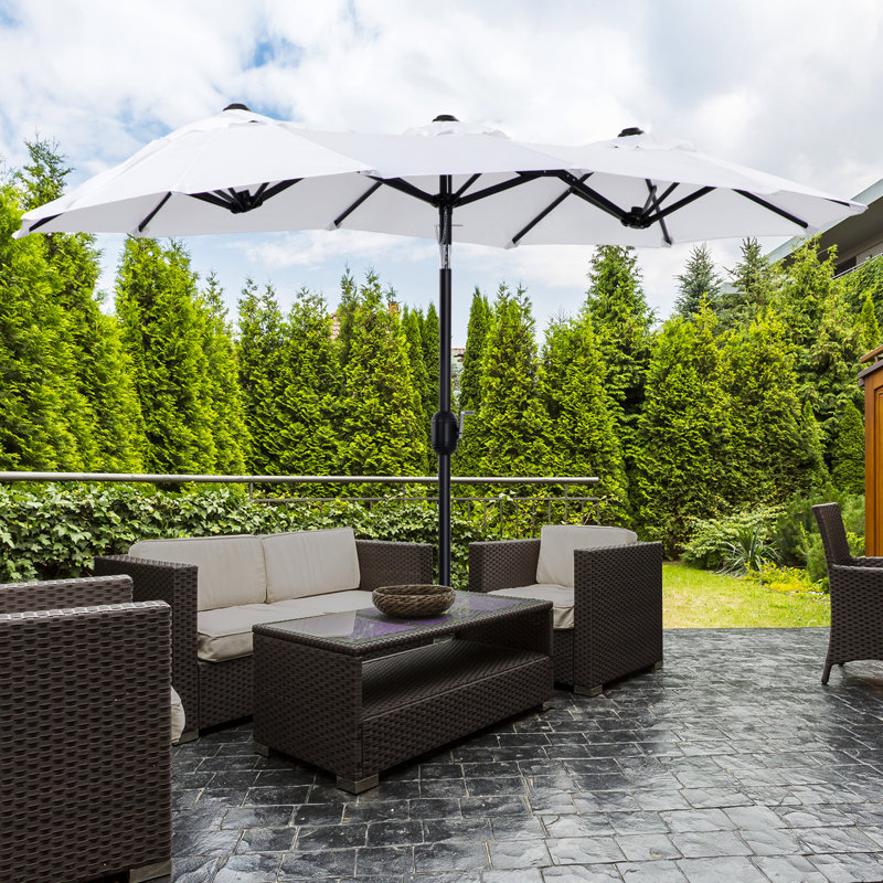 Parasol de patio double de 9,5 pi - Extérieur intrigant avec bouton-poussoir inclinable, manivelle, 3 bouches d'aération et 12 baleines pour terrasse de jardin