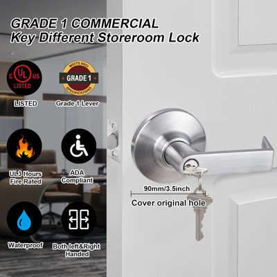 Levier de porte robuste de qualité commerciale 1ère classe pour rangement en finition chrome satiné, homologué ADA UL pour une cote de résistance au feu de 3 heures, gaucher et droitier