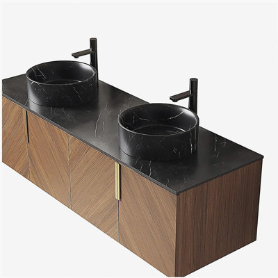 ARAI 60" Bathroom Vanity&Sinks, Wall-Mounted Plywood Bathroom Storage Cabinet with 4 Doors, 2 Black Round Ceramic Basins with Stone Pattern & Black Sintered Stone Countertop, Brown Oak Woodgrain Color