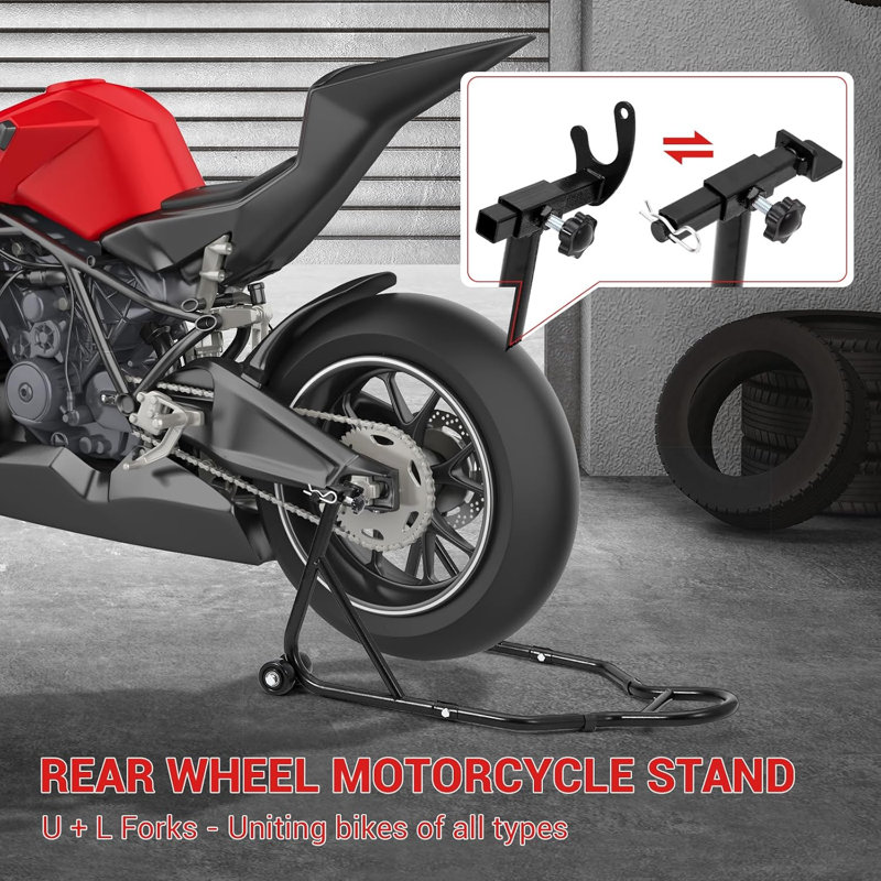 Capacité de support de 850 lb, support de levage combiné avant et arrière, support universel pour cric de roue compatible avec la plupart des marques populaires, noir