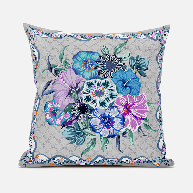 Floral Outdoor Reversible Throw Pillow, 20" x 20", Beige/Blue/Gray
