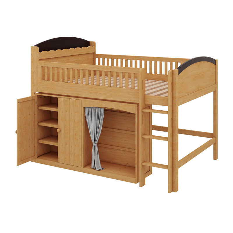  Loft Bed With Storage Cabinet, Wardrobe & Integrated Lighting, Sturdy Wooden Loft Bed With Ladder & Safety Rails For Teens