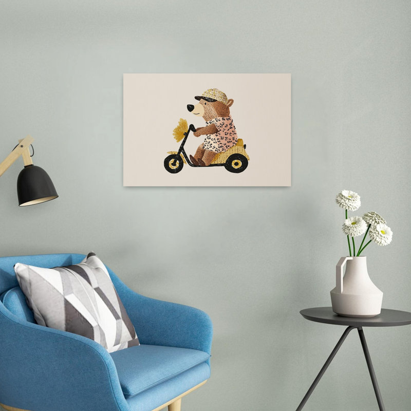 Playful Bear On Scooter Contemporary Wall Art Print by Mathieu - Wrapped Canvas Print, 40.64cm H x 60.96cm W