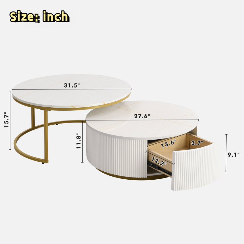 Round Nesting Colton Coffee Table With Fluted Design And 1 Drawer, White