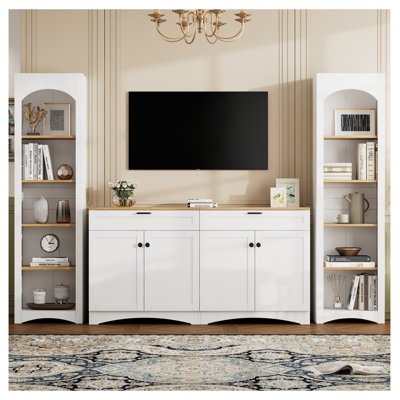  Meuble télé 3 pièces avec meuble télé de style Mid-Century blanc avec bibliothèque et tablettes réglables ON-TREND 3 pièces Farmhouse