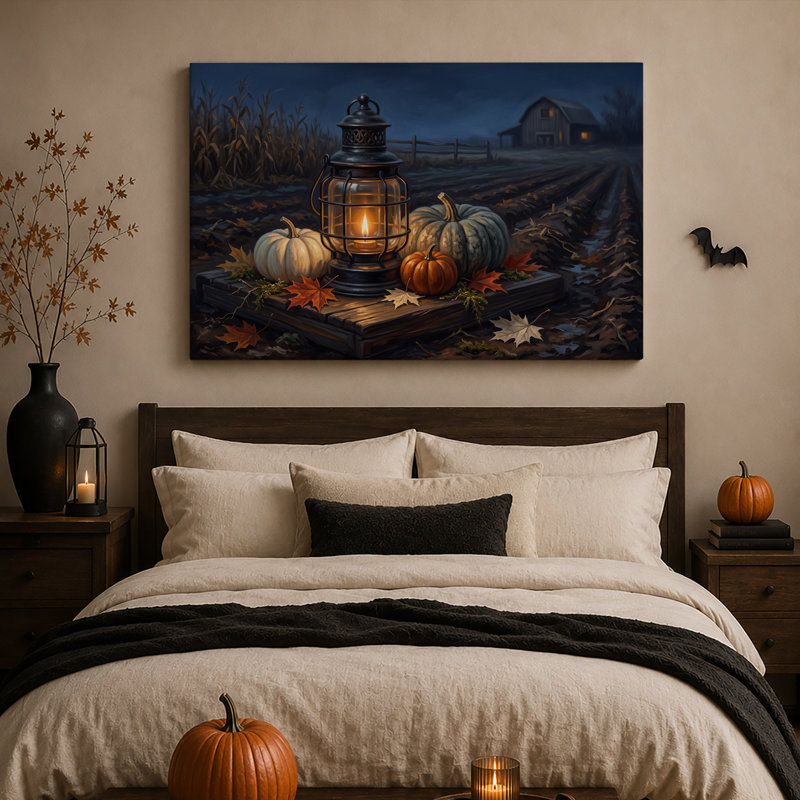 Toile d'Halloween lanterne rougeoyante et citrouilles près d'une grange la nuit, H 20 po x l 30 po