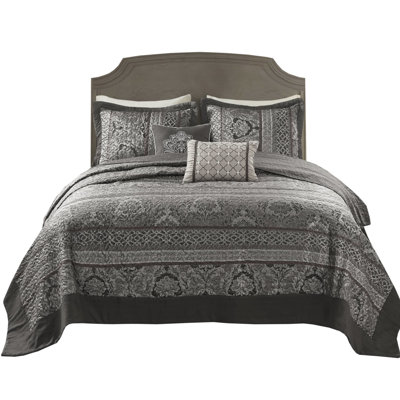 5 King Reversible Bedspread In Grey With Leaf Striping And Motifs, Includes 2 Shams Throw Pillows, For Durability Embroidery On Machine Washable Luxury Decor
