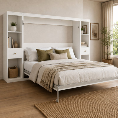 Murphessa Queen Murphy Bed with Side Storage Cabinets, Modern Fold-Up Wall Bed with Shelving Layout, 26 Wood Slats, Metal Frame, Automatic Support Legs, Dual-Stage Hydraulic System