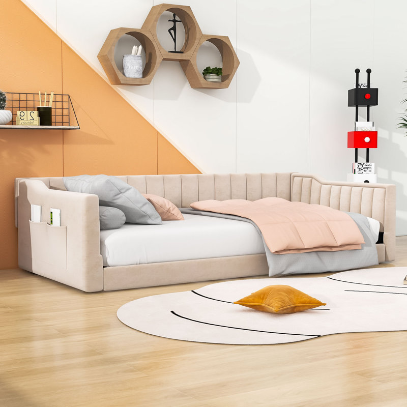 Wood Daybed with Slats and Storage Pocket, Twin Extra-Long, Beige