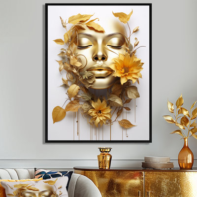 Portrait de femme blanche et dorée avec feuilles III - mode femme, art mural